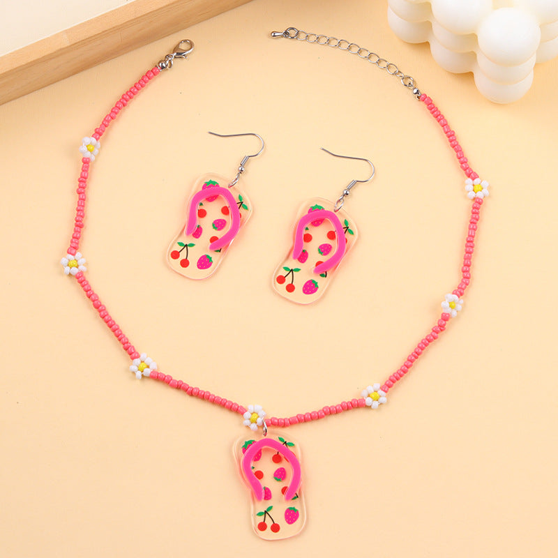 Wholesale Holiday Style Slipper Earrings Beaded Acrylic Necklace Set