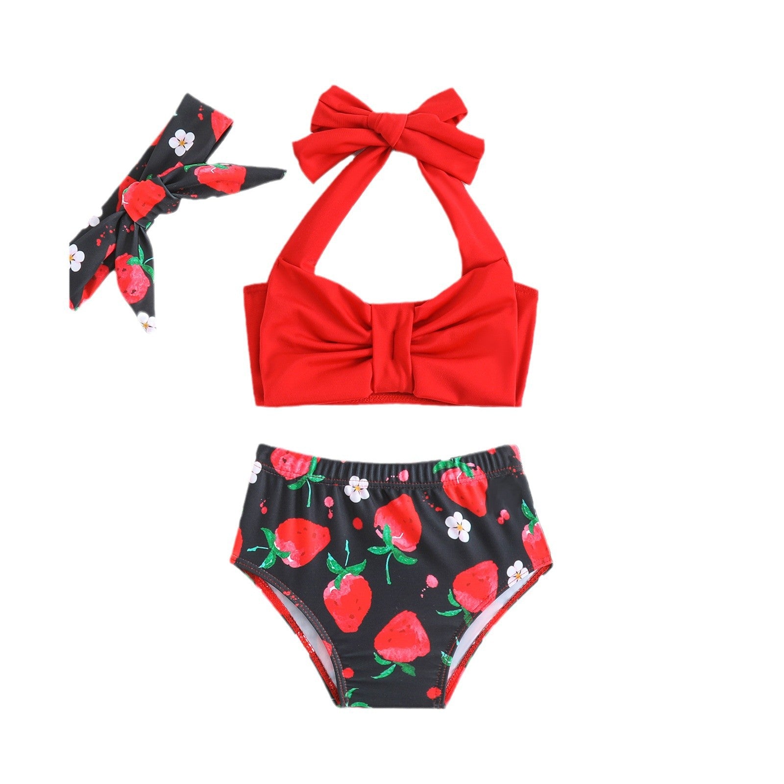 Wholesale Strawberry Print Bowknot Infant Red Sling Two-Piece Swimsuit
