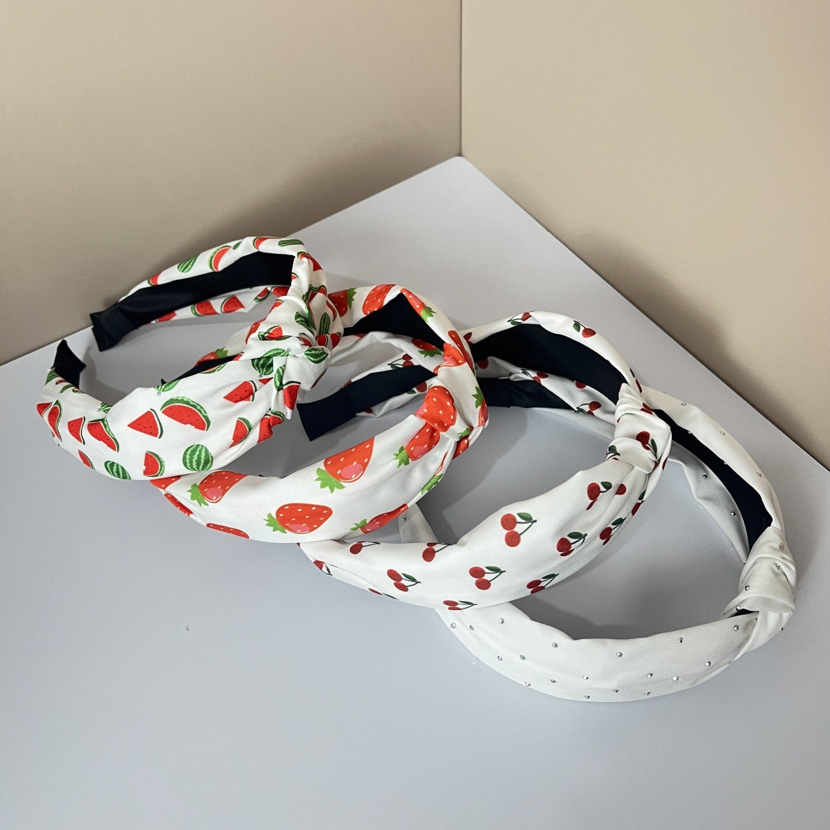 Wholesale Fabric Pure Flower Fruit Lemon Orange Cherry Wide Edge Knotted Headband Combination 4Pcs