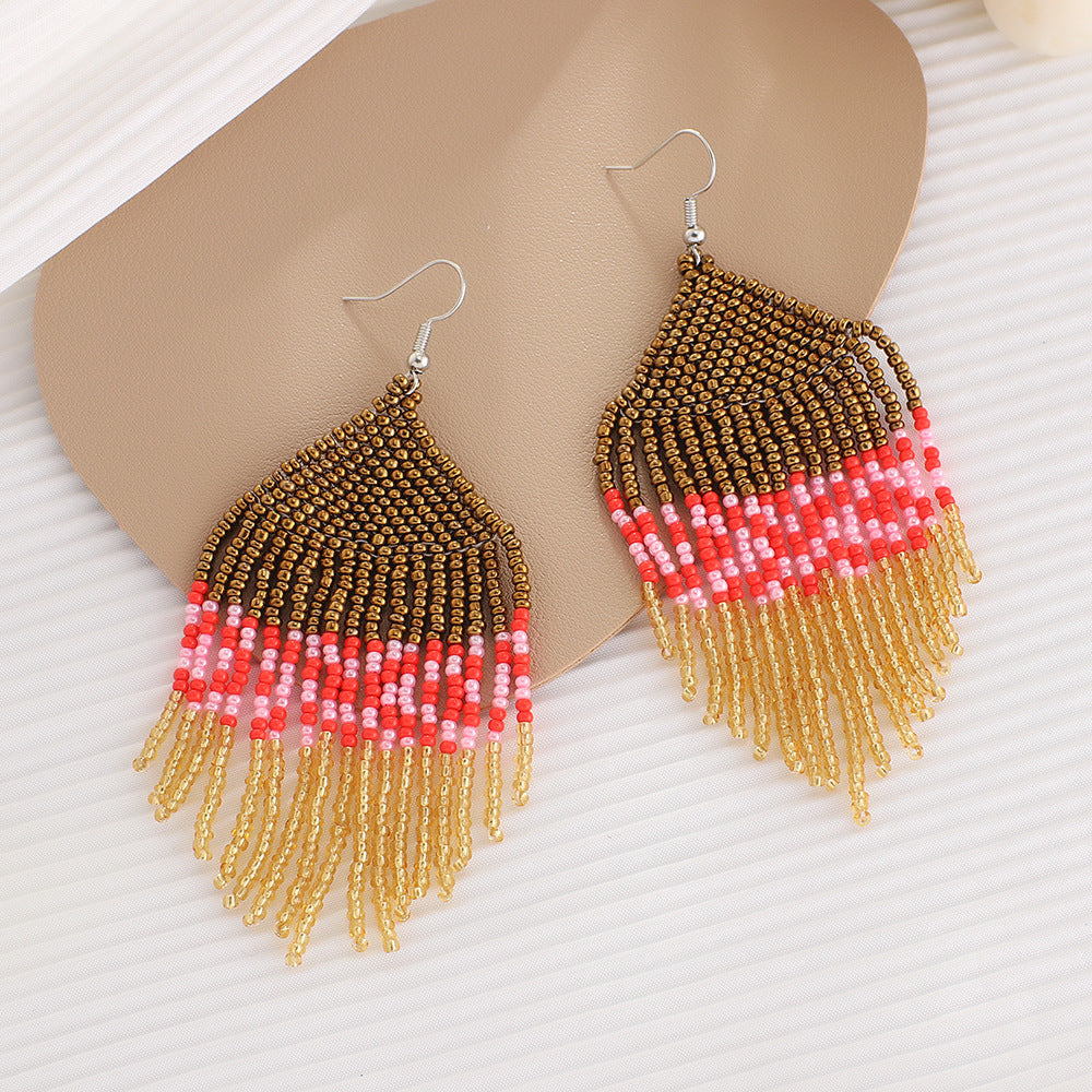 Wholesale Bohemian Handmade Rice Beads Colorful Ethnic Style Tassel Earrings
