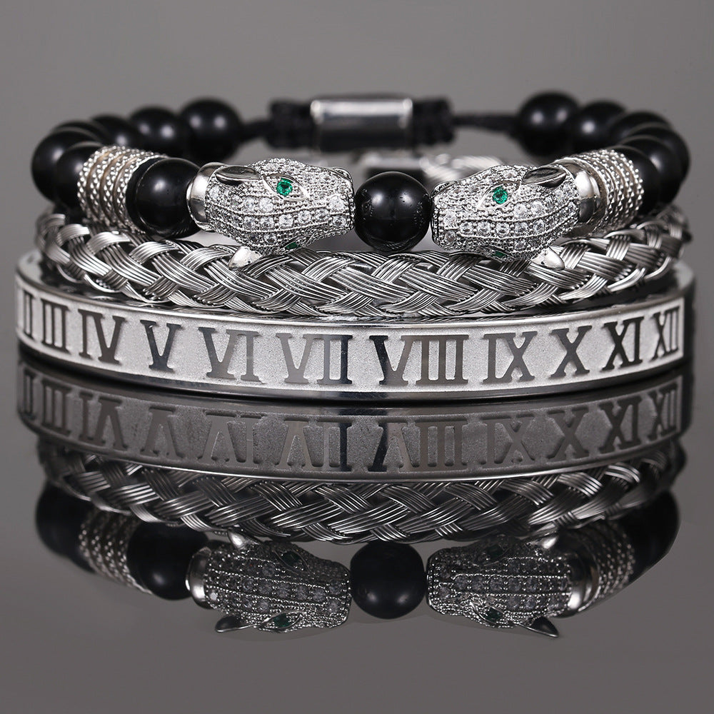 Wholesale Copper Micro-inlaid Zircon Double Leopard Head Black Onyx Woven Bracelet