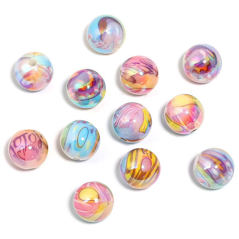 Wholesale 100pcs Graffiti Printed Acrylic UV Plated Colored Round Beads
