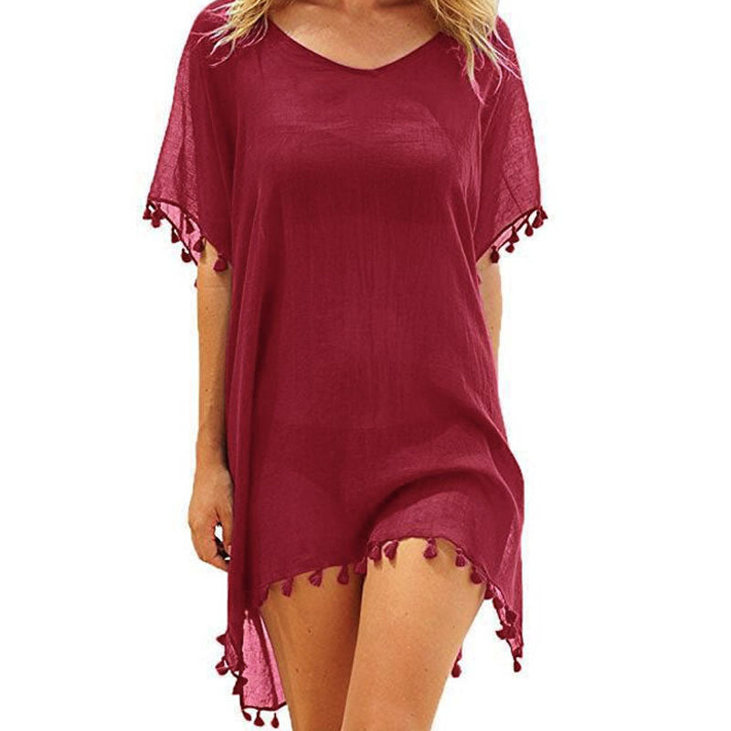 Wholesale Round Neck Chiffon Tassel Dress Loose Cover Up