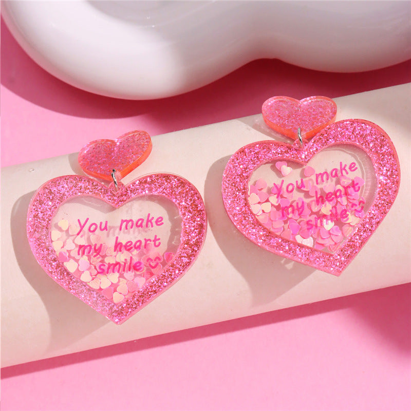 Wholesale Pink Valentine's Day Love Acrylic sequins Flowing Sand Peach Heart Sweetheart Spicy Girl Earrings