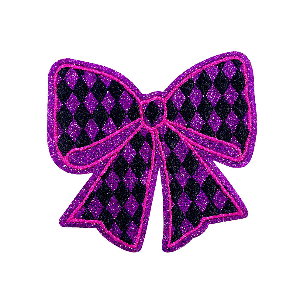 Wholesale Polyester Embroidered Patch Bow Lightning Checkerboard Design With Sequined Edge For ets DIY Clothing Decor