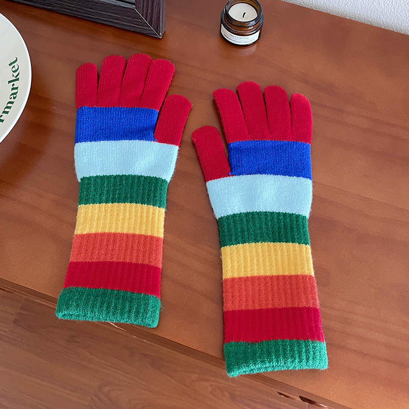 Wholesale Rainbow Stripe Knitted Wool Open Finger Touchable Screen Riding Warm Split Finger Gloves