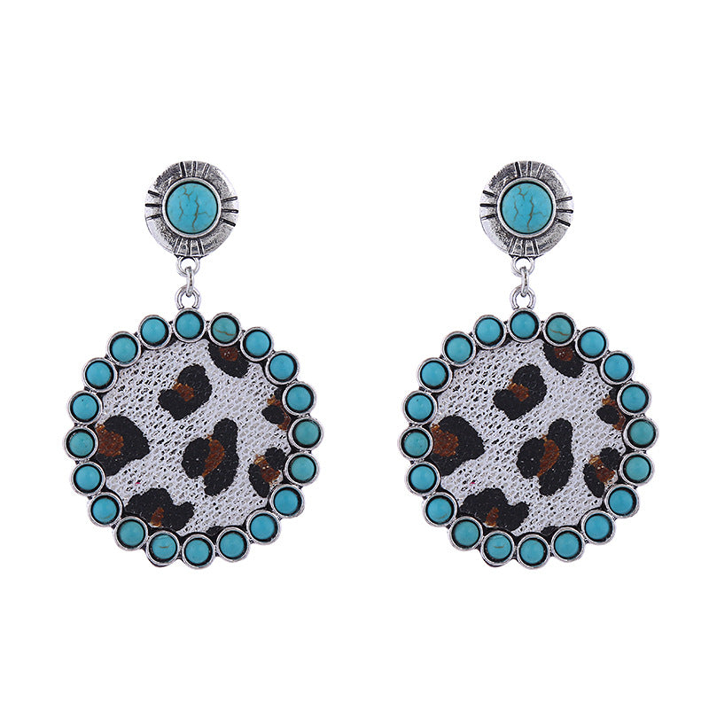 Wholesale Creative Turquoise Leopard Print Leather Earrings