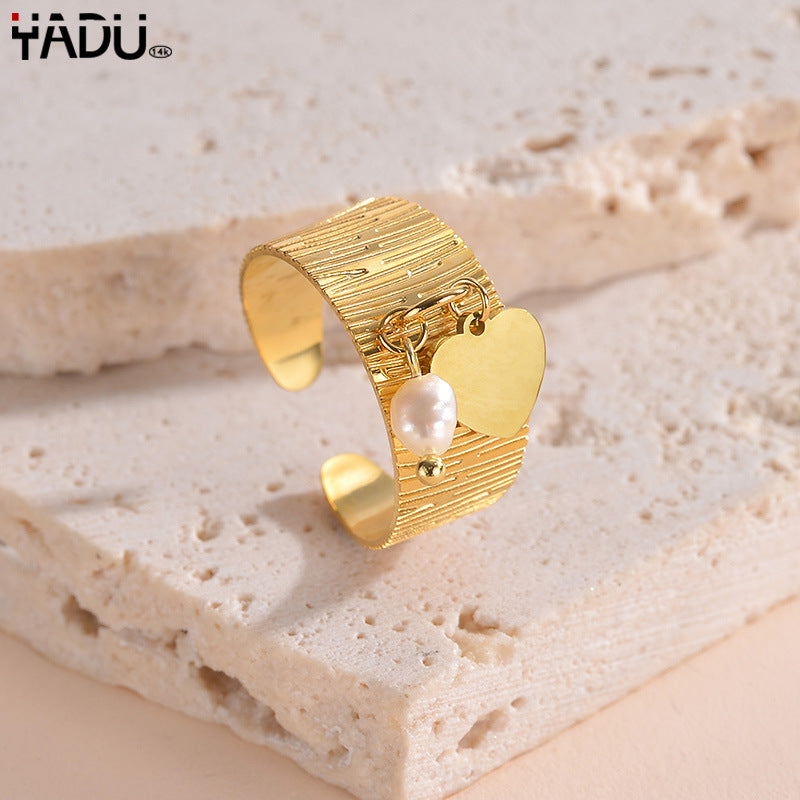 Wholesale French Vintage Irregular Pearl Ring For Women Stainless Steel Hollow Adjustable Chic Jewelry Accessory