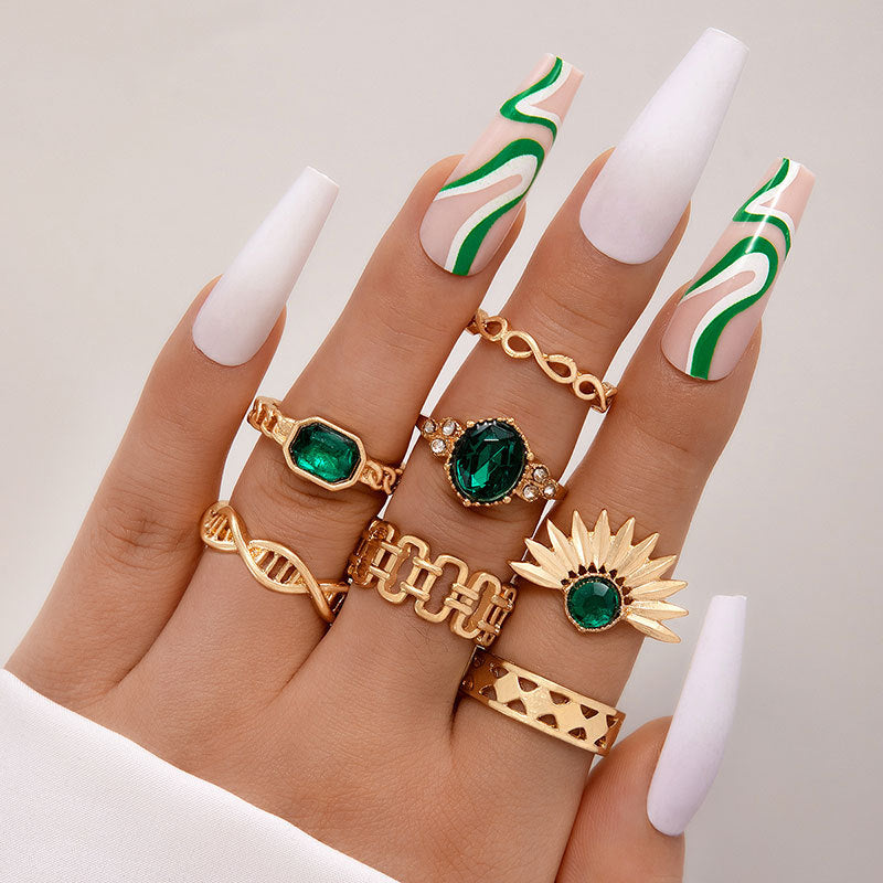 Wholesale Emerald Diamond Love Palm Alloy Ring Set