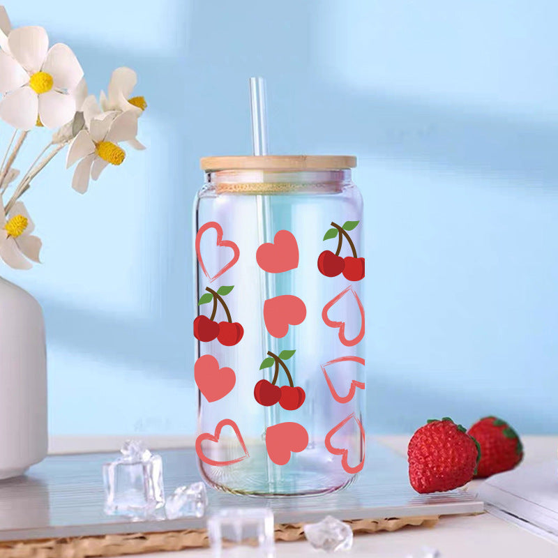 Wholesale Pink Cherry Heart 16oz Cup UV DTF Wraps