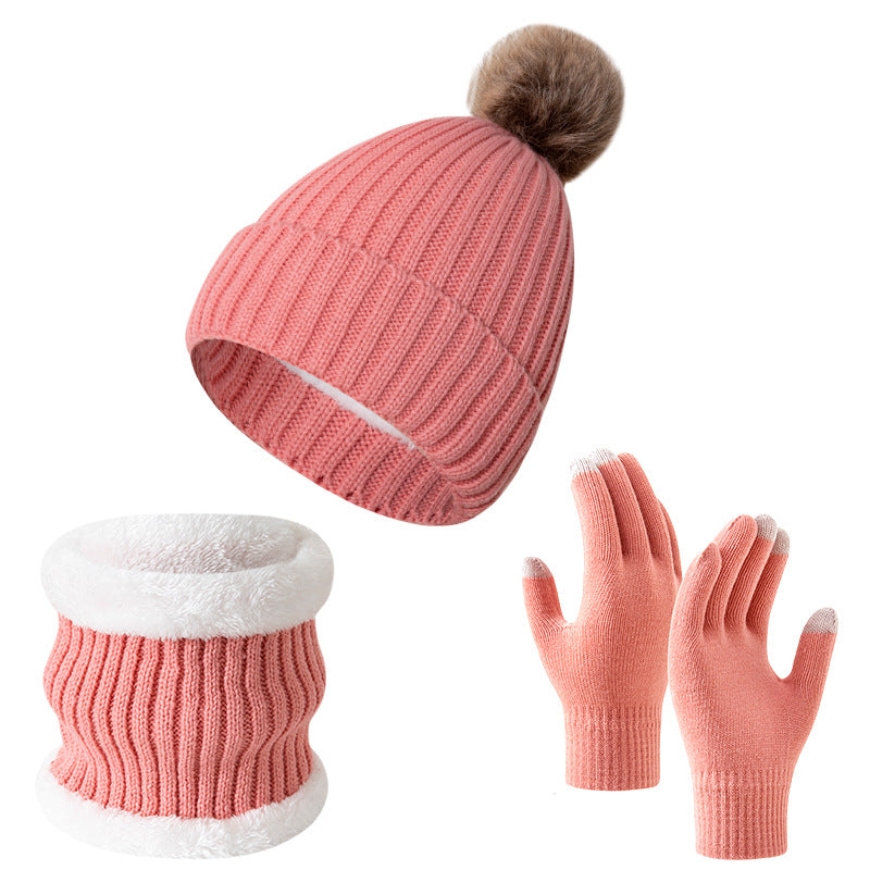 Wholesale Knitted Wool Warm Plus Velvet Thick Winter Scarf Gloves Hat Neck Three-piece Set