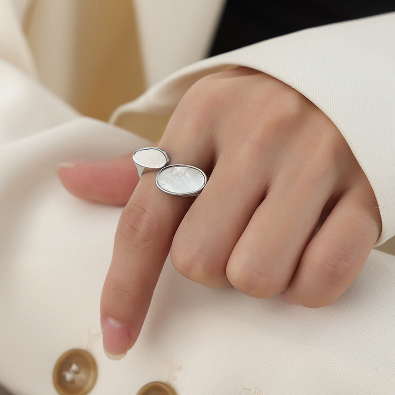 Wholesale Titanium Steel 18k Gold Inlaid White Seashell Oval Disc Open Ring