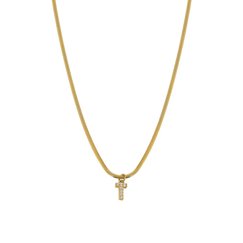 Wholesale French Retro Palace Style Flat Snake Bone Stacking Diamond 26 Letter Titanium Steel Clavicle Chain Necklace