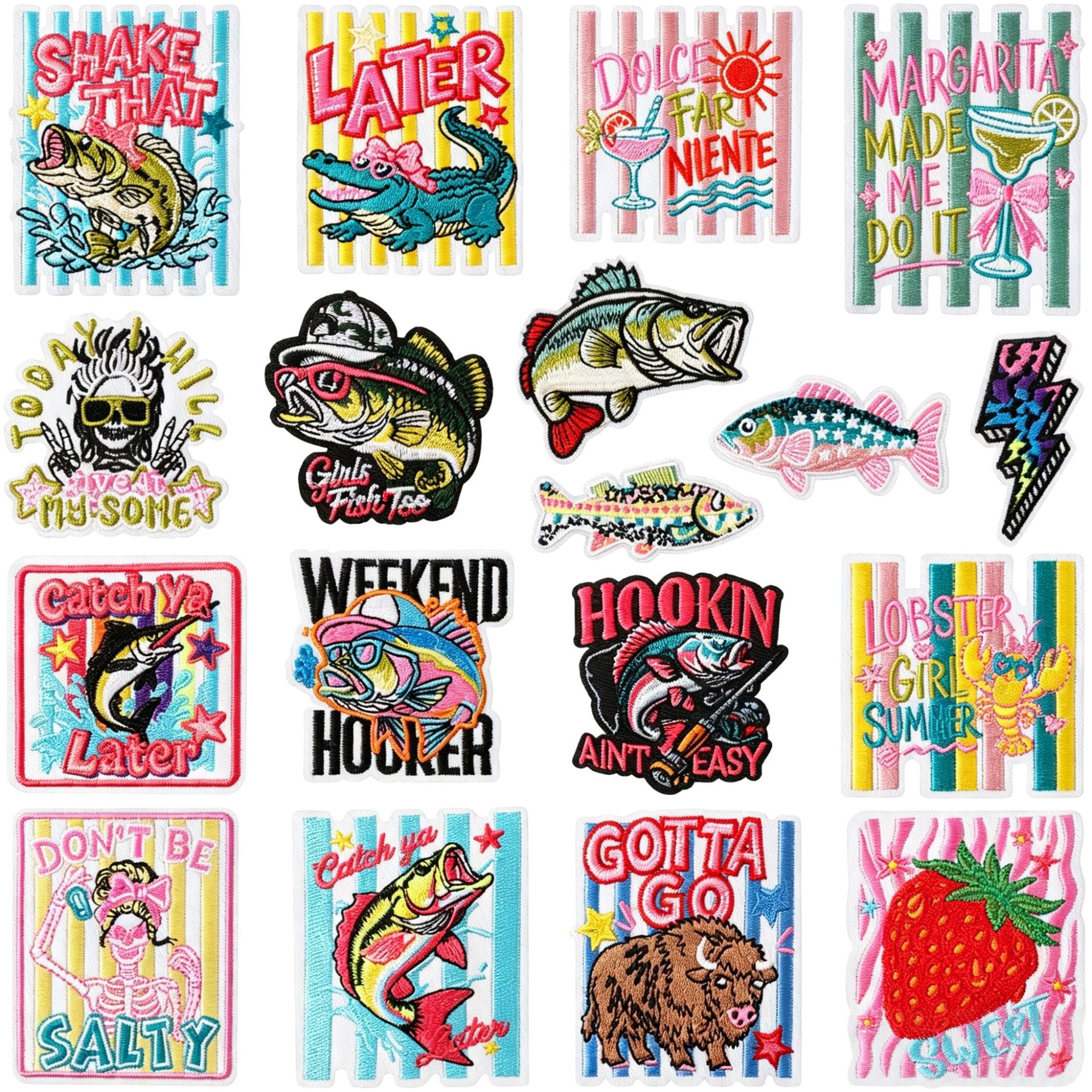 Wholesale Fishing Themed Embroidered Iron On Patch Polyester Thread DIY Patch For Outdoor Clothing Bags And Hats