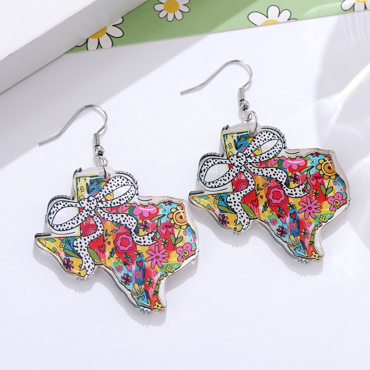 Wholesale  Independence Day Colorful Bow Texas Map Western Style Pendant Acrylic Earrings