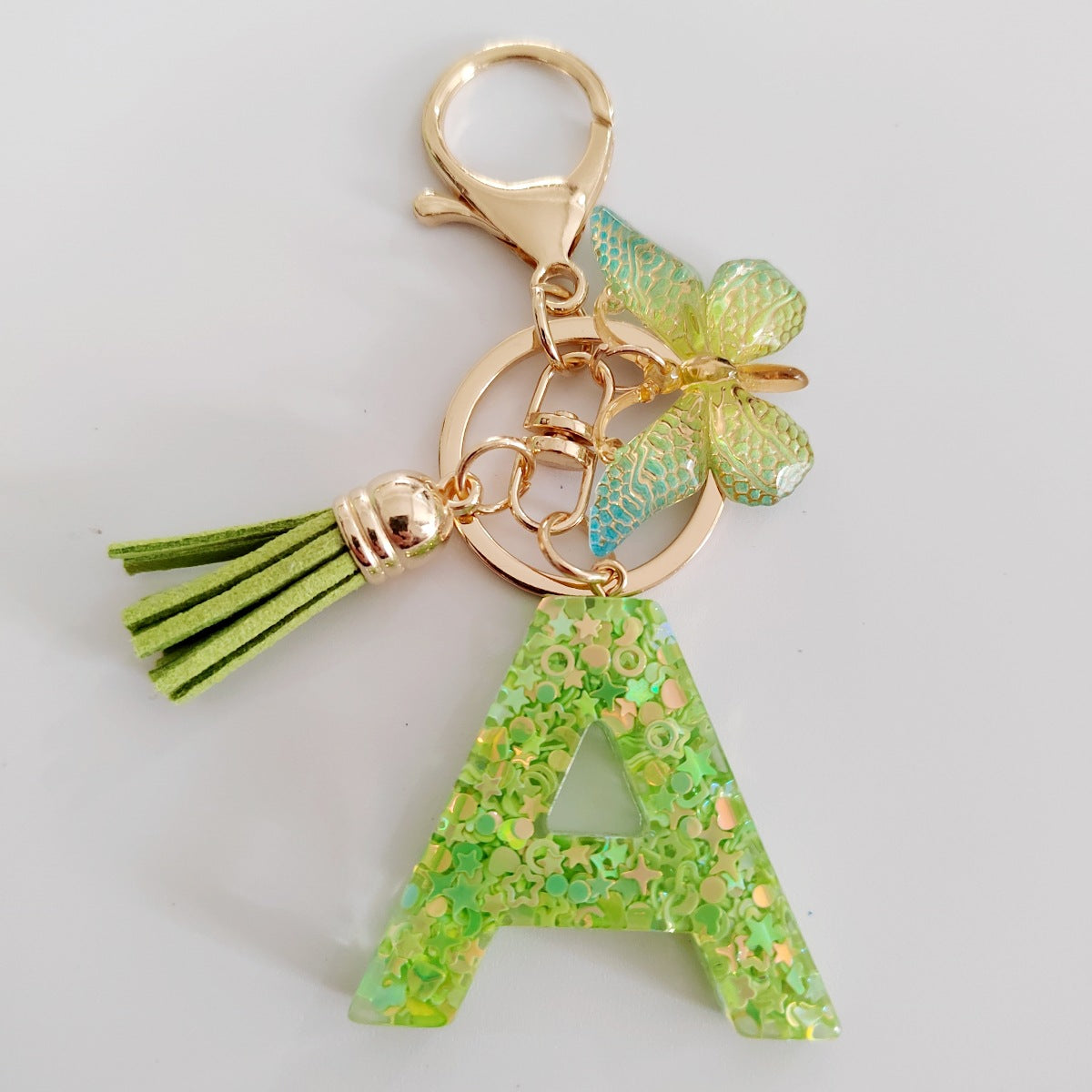 Wholesale 26 English Alphabet Keychain Pendant Green Star Glitter Resin Pendant  Key Chain