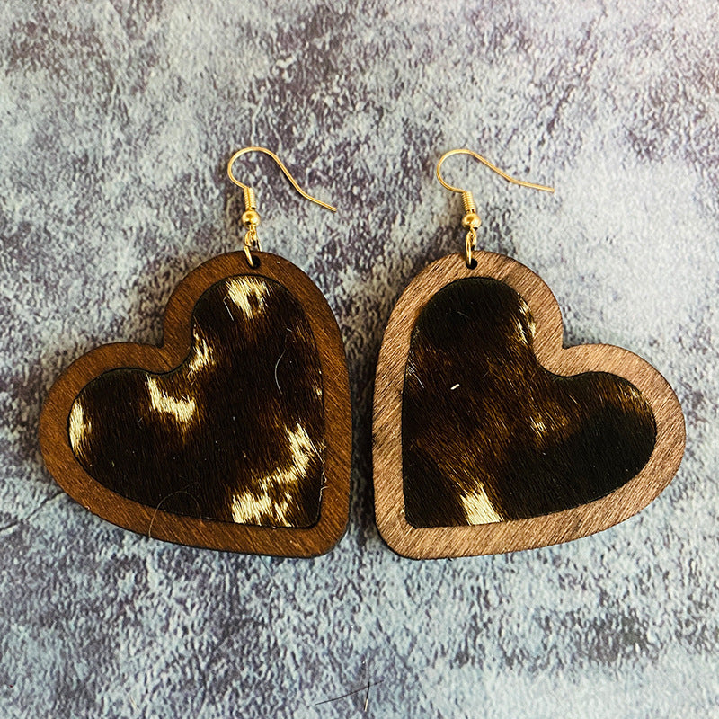 Wholesale Valentine's Day Genuine Leather Heart Leopard Print Horsehair Inlaid with Wooden Classic Retro Earrings