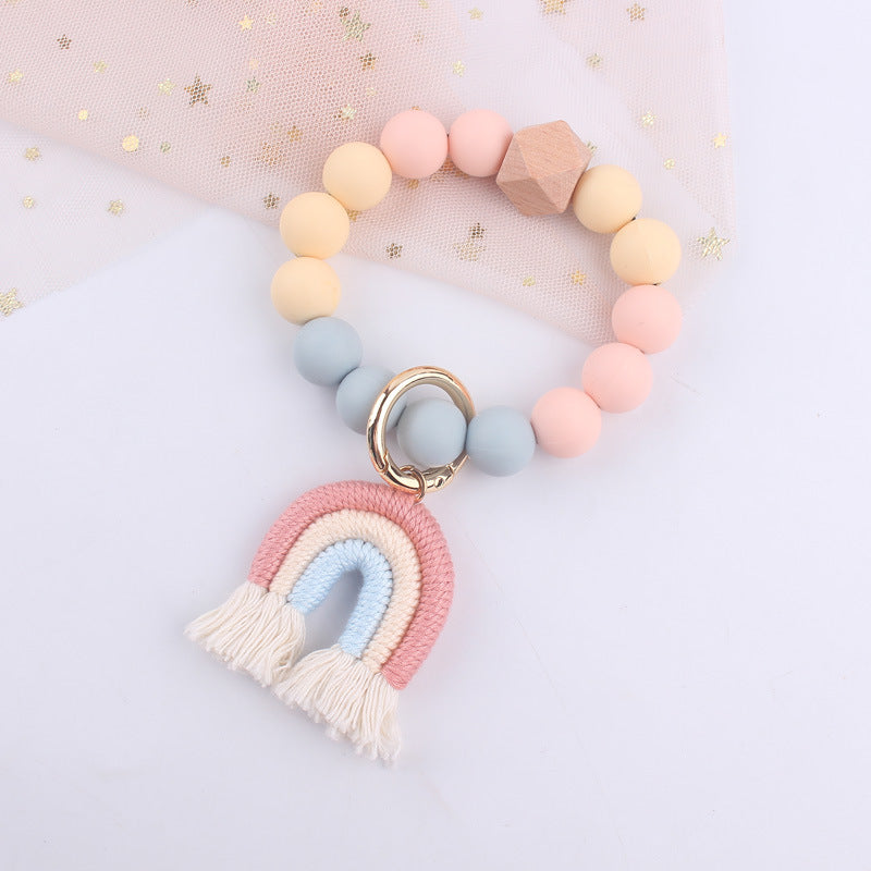 Wholesale Cartoon Colorful Rainbow Tassel Silicone Bead Wrist Keychain