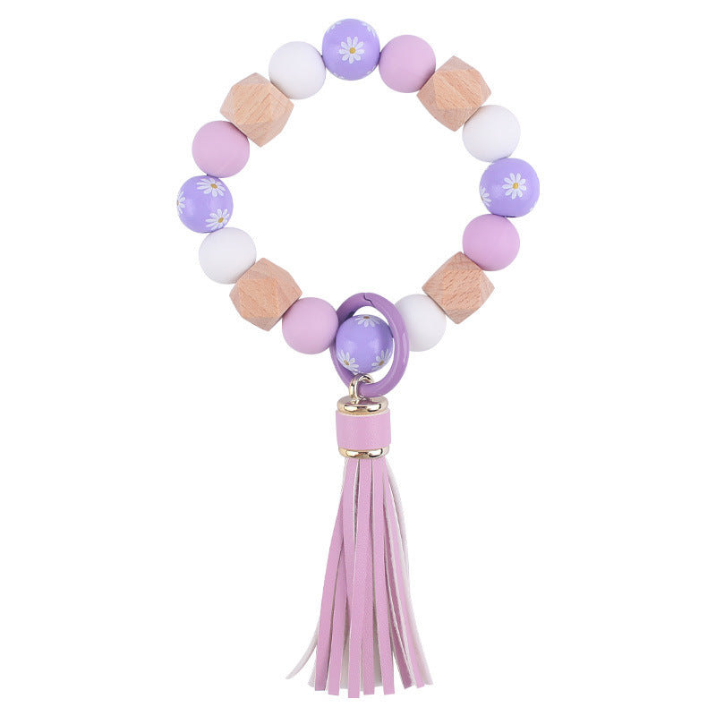 Wholesale Wooden Small Daisy Flower Leather PU Short Tassel Handmade Beaded Bracelet Keychains