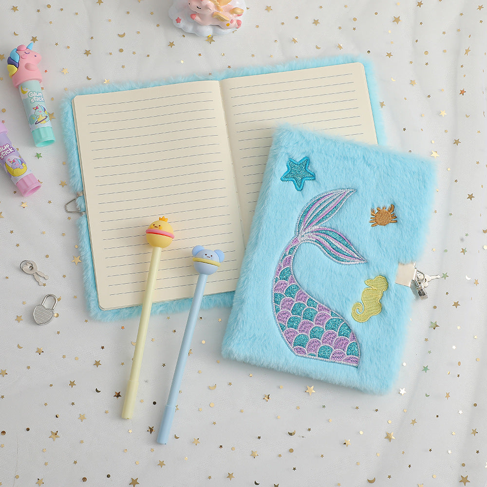 Wholesale A5 Girls Plush Mermaid Tail Notebook with Lock