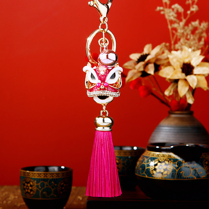 Wholesale Metal Chinese Style Lucky Lion Head Tassel Car Keychain Sapphire Blue Rhinestone Gift For Men Women