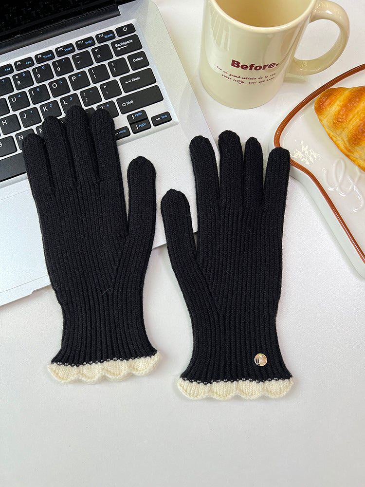 Wholesale Winter Warm Knitted Five-finger Touch Screen Lace Contrasting Color Woolen Gloves