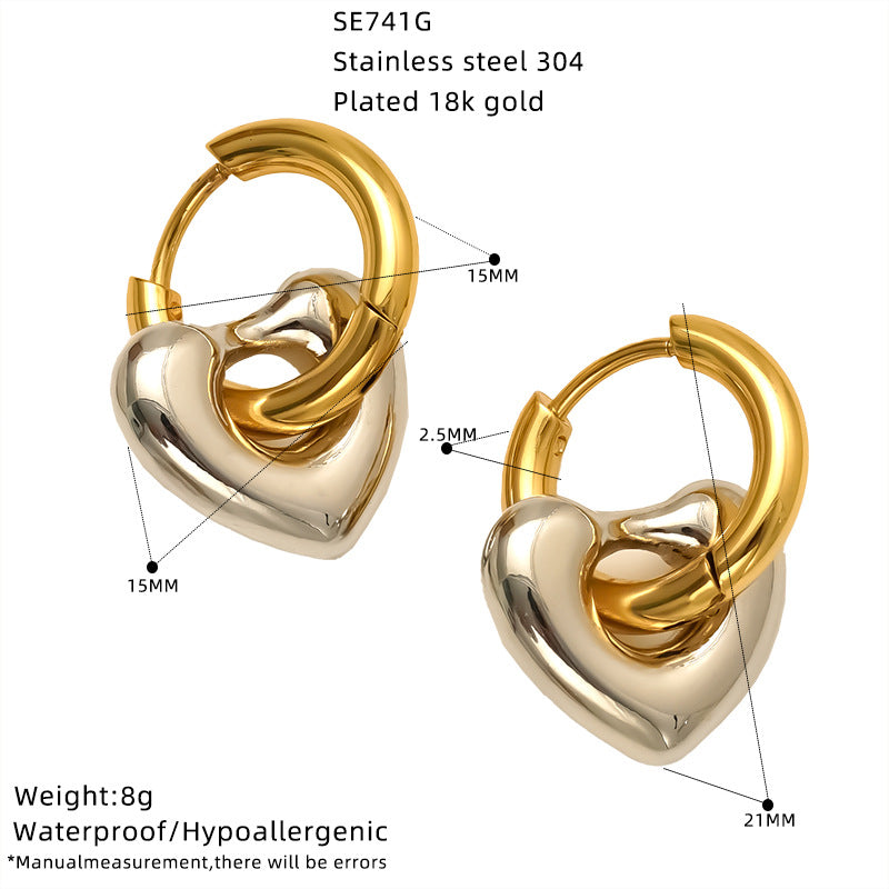 Wholesale Detachable Color-Blocked Peach Heart Threaded Oval Stainless Steel Earrings