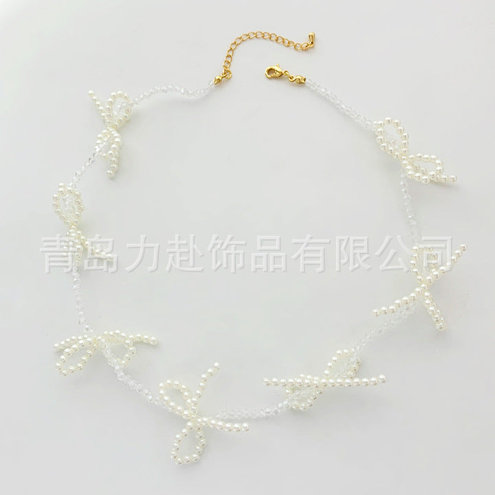 Wholesale Black and White Pearl Crystal Bow Braided Cute Princess Necklace