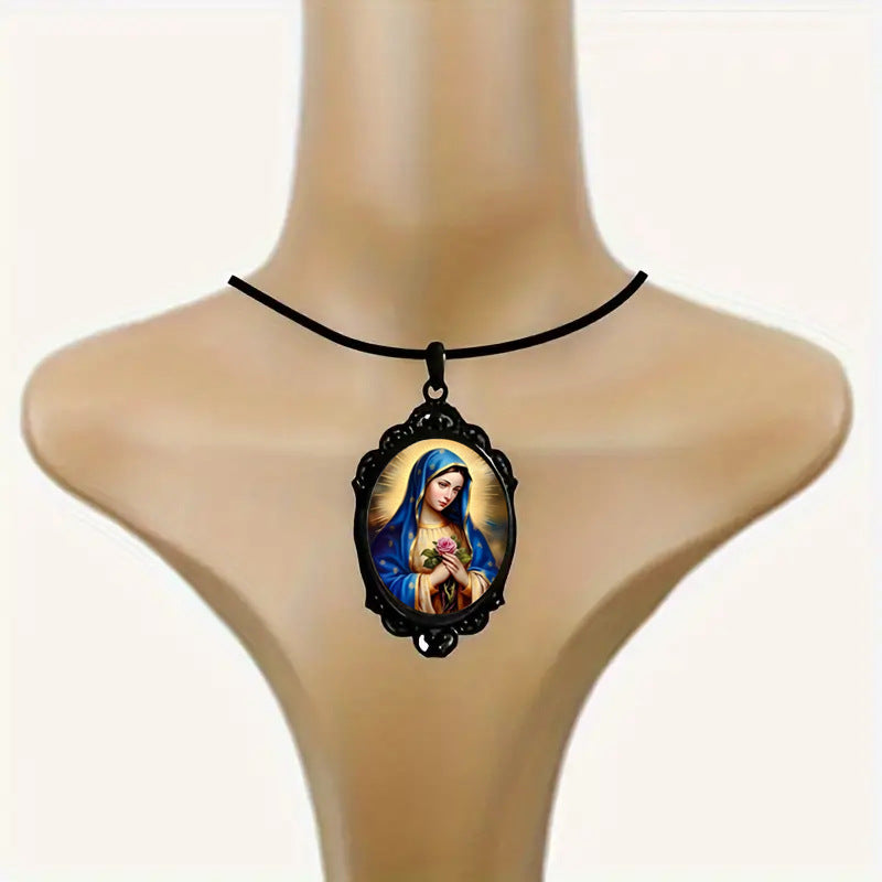 Wholesale Religious Virgin Mary Pattern Glass Pendant Black Frame Pendant Necklaces
