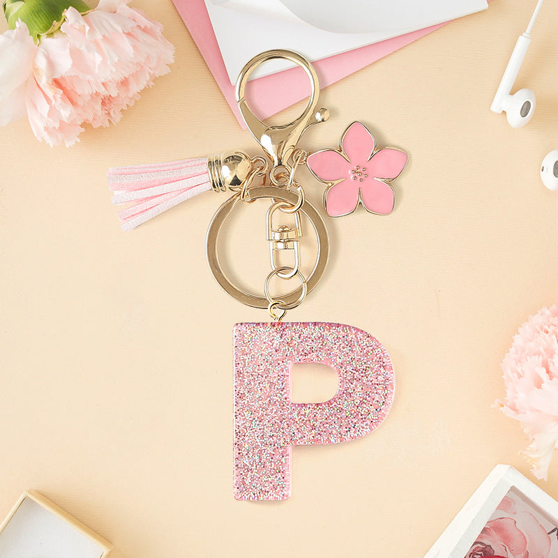 Wholesale Pink 26 letter Sparkling Pink Flower Tassel Keychain