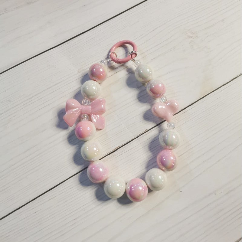 Wholesale Electroplated beaded bow car key chain mobile phone pendant cute candy color paint ring pearl accessories bag