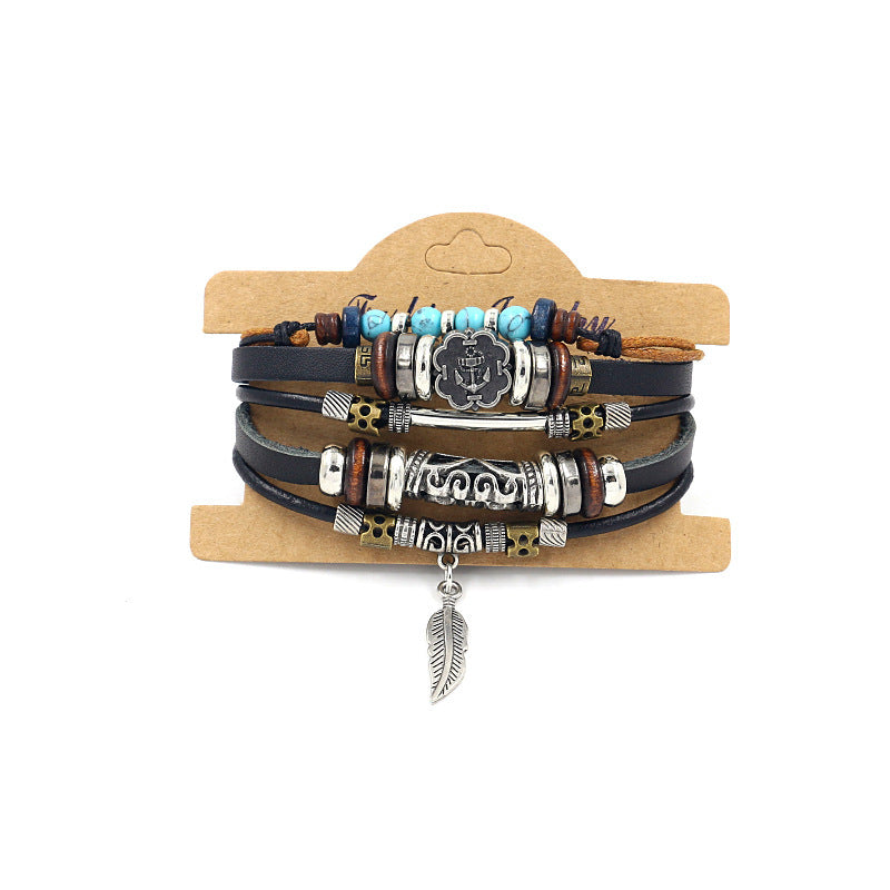 Wholesale alloy anchor cowhide bracelet turquoise beaded multi-layer braided bracelet