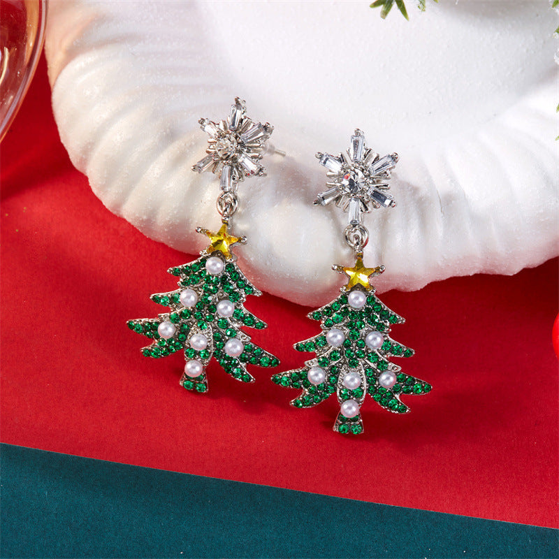 Wholesale Colorful rhinestone snowflake Christmas tree earrings