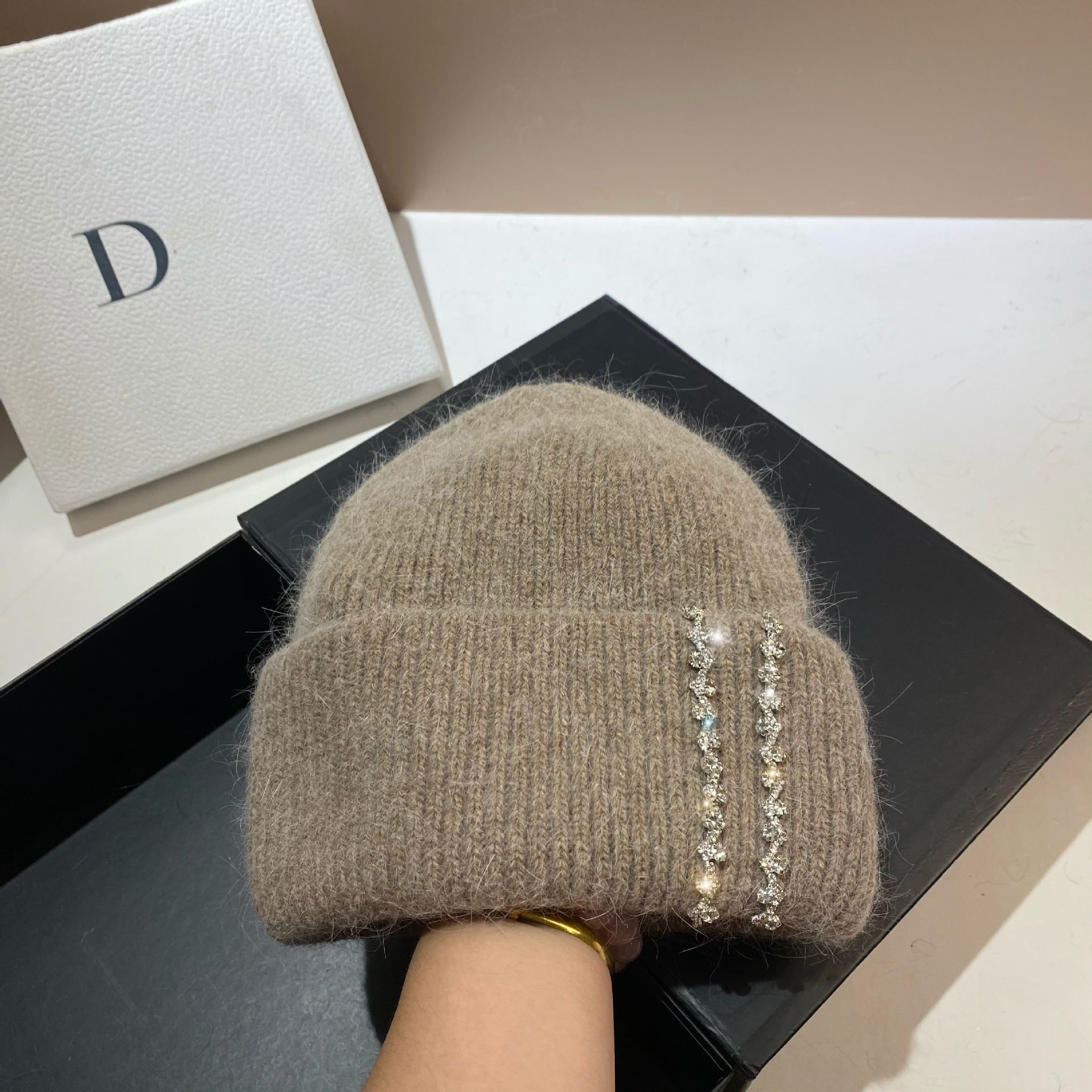 Wholesale Long Rabbit Fur Bi-fold Knitted Rhinestone Beanie