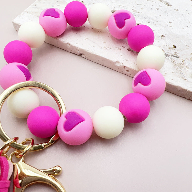 Wholesale Colorful Heart Silicone Beaded Velvet Tassel Wrist Keychain