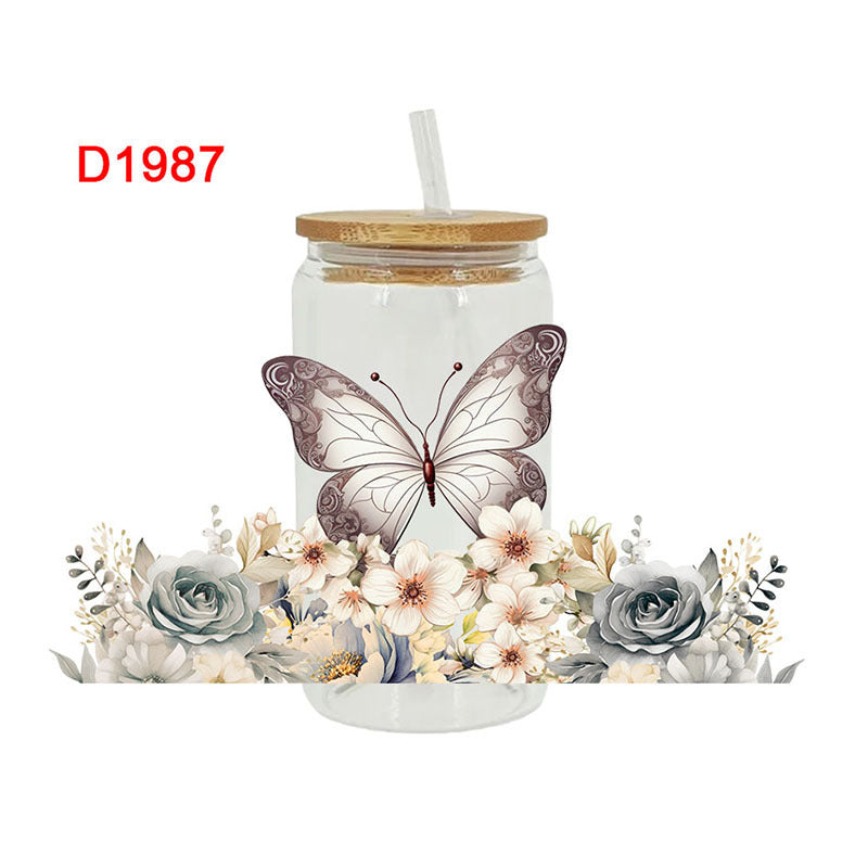 Wholesale Colorful Butterfly Flowers 16oz Cup UV DTF Wraps