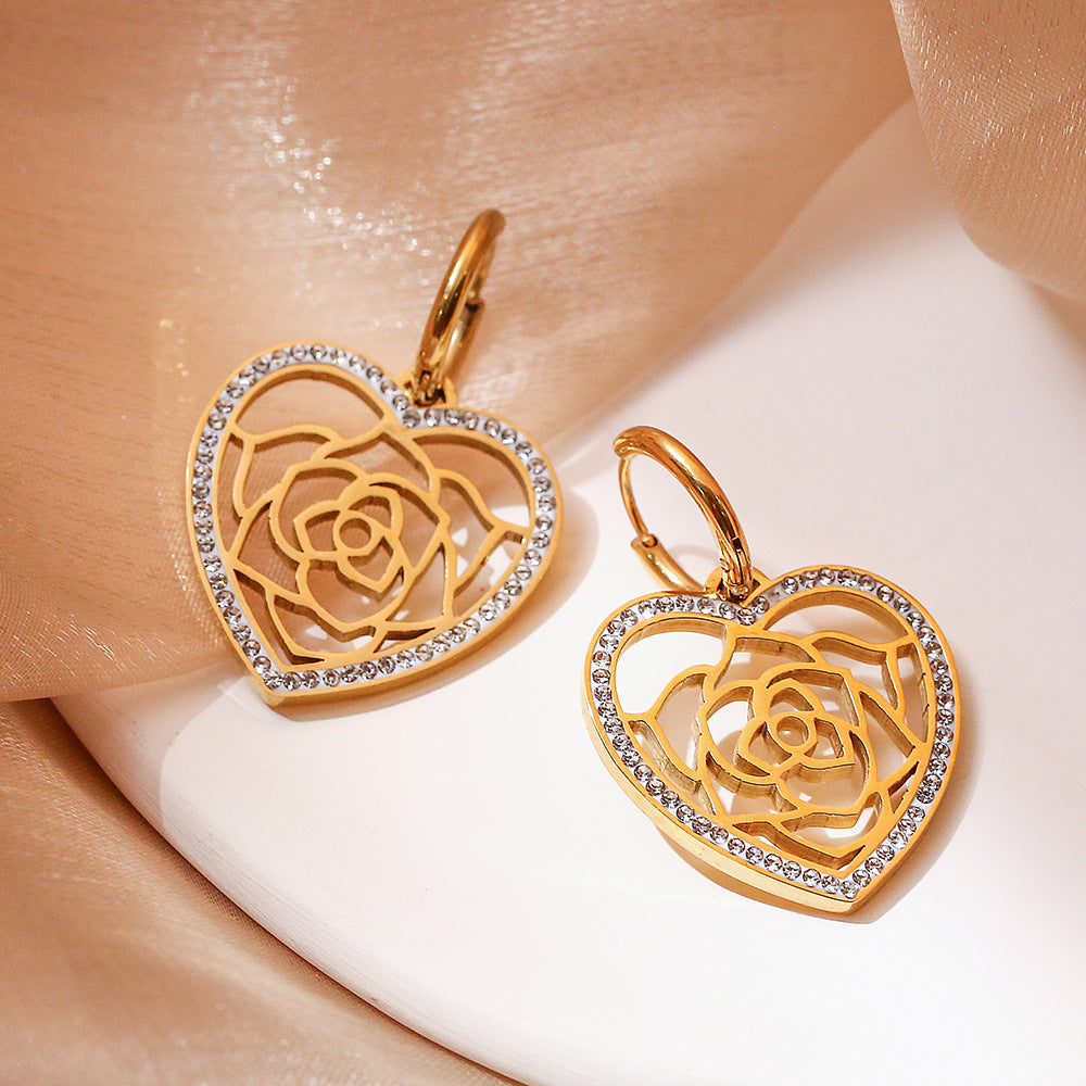 Wholesale Titanium Steel Zircon Rose Heart Pendant Tree of Life Earrings