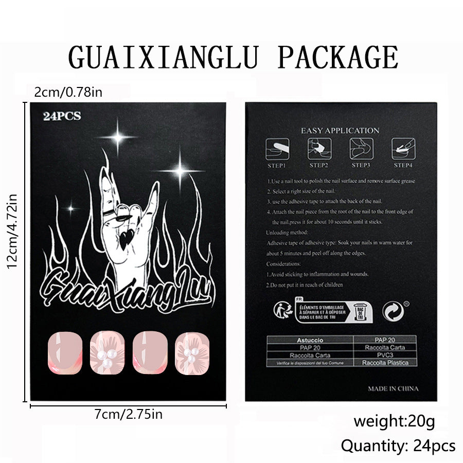 Wholesale Short glossy French relief flower pearl wearable nail art 24 pieces