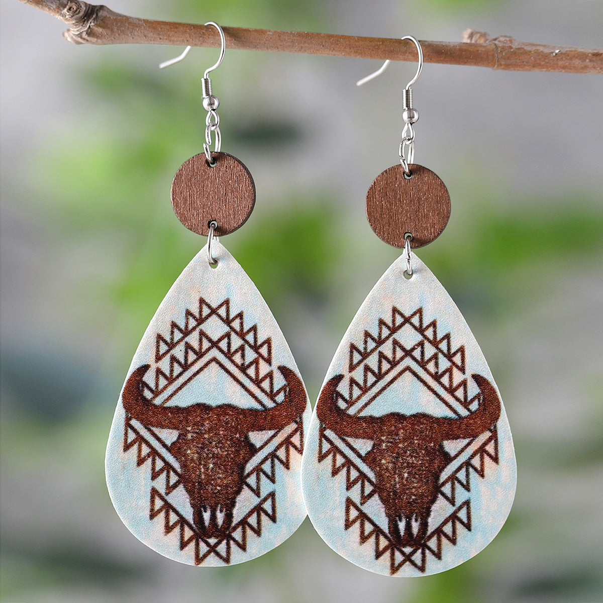 Wholesale Western style water drop pendant wood and leather double-sided earrings