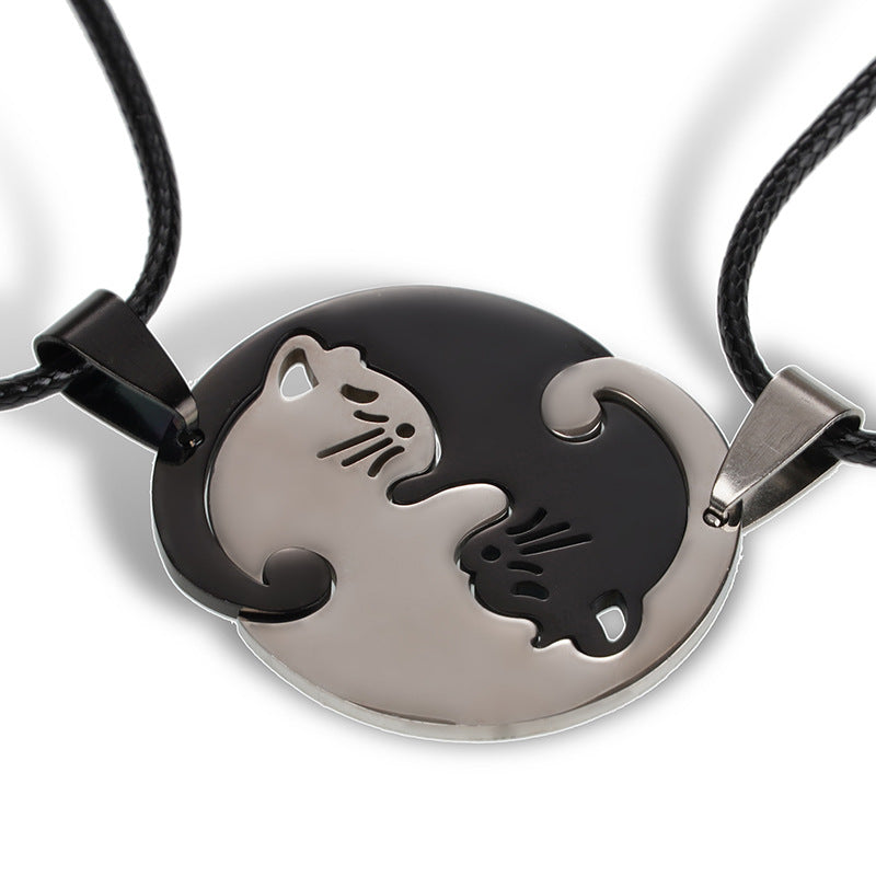 Wholesale A variety of stainless steel black and white cat pendant lovers necklace creative hug shape stitching Valentine's Day