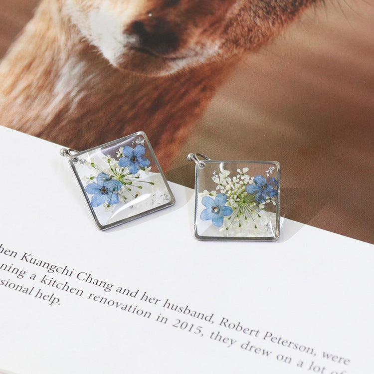 Wholesale 6pcs/pair Blue Forget-me-not Handmade Glue Real Flower Earrings