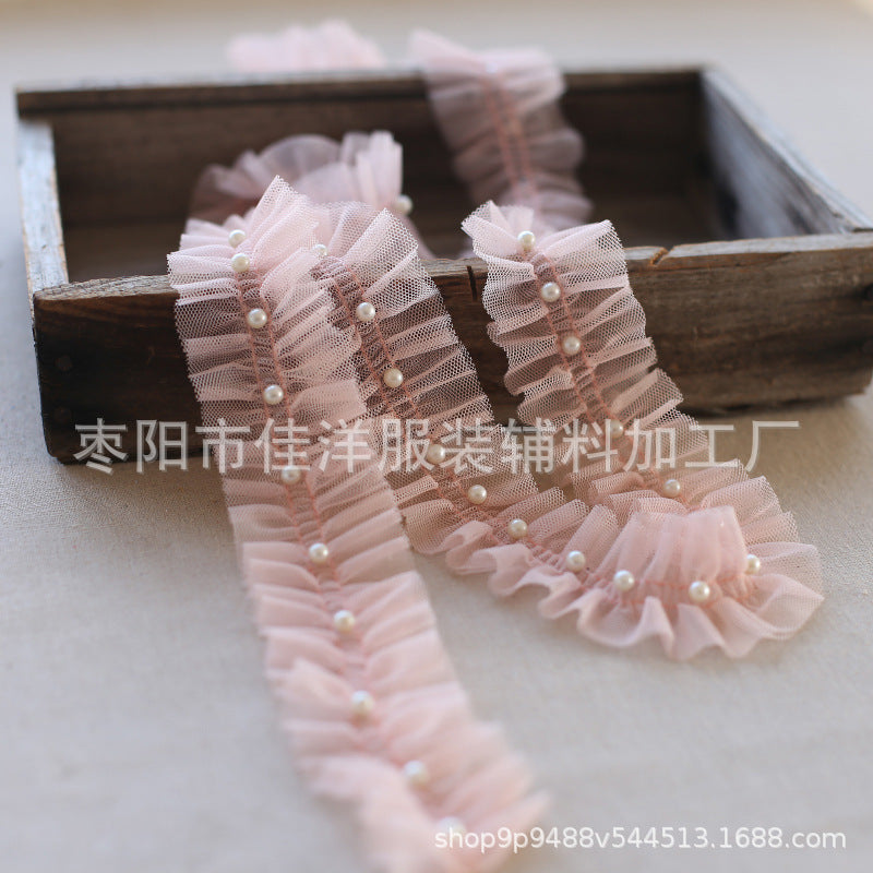 Wholesale 5pcs 5CM double-layer mesh lace pleated pearl decoration
