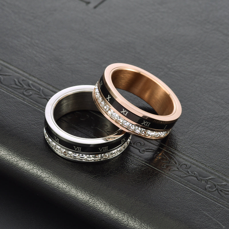 Wholesale Stainless Steel Roman Numeral Rotatable Single Row Square Diamond Ring