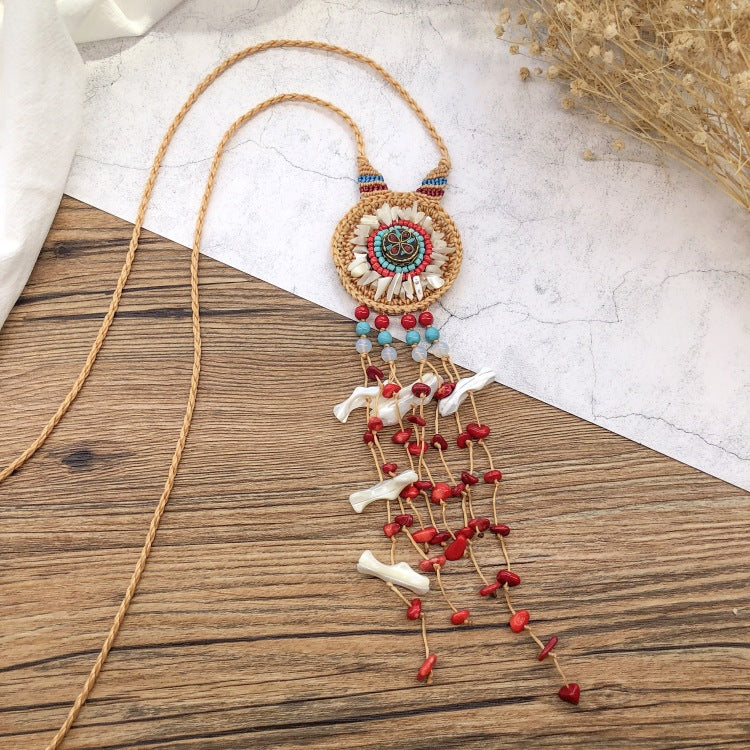 Wholesale Handmade Bohemian Vintage Natural Gravel Tassel Braided Necklace