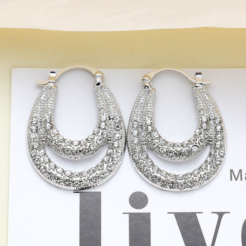 Wholesale Diamond Inlaid U-shaped Geometric Double-layer Metal Ear Buckle