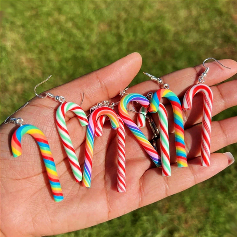 Wholesale Simulation Soft Pottery Large Cane Candy Christmas Rainbow Stripe Rainbow Candy Pendant Earrings