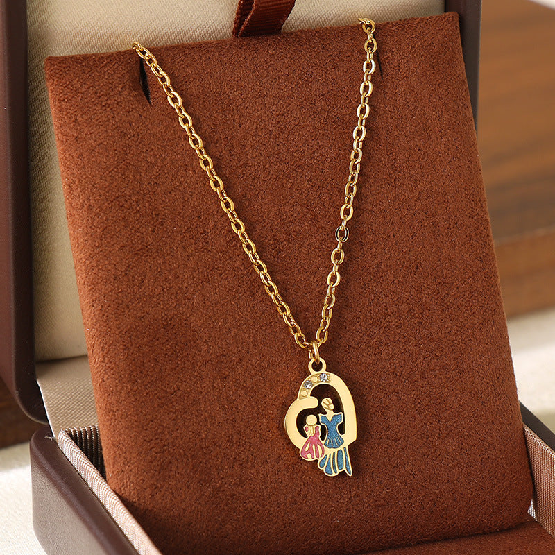 Wholesale Mother' s Day Diamond studded Hollow Moon Love Stainless Steel Necklace