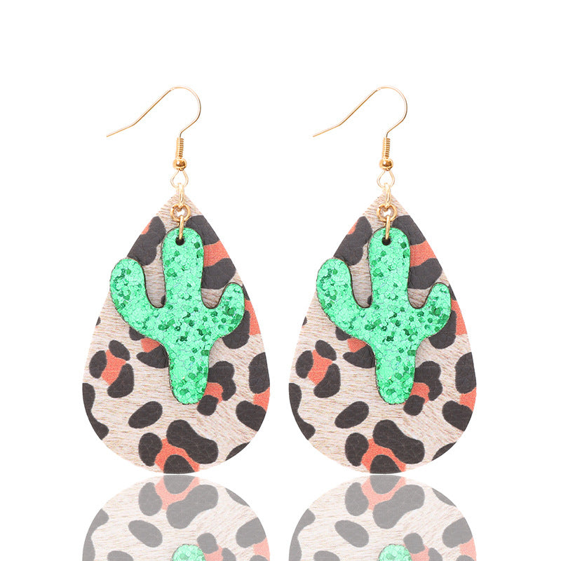 Wholesale Retro Leopard Drop Shape Cactus Earrings