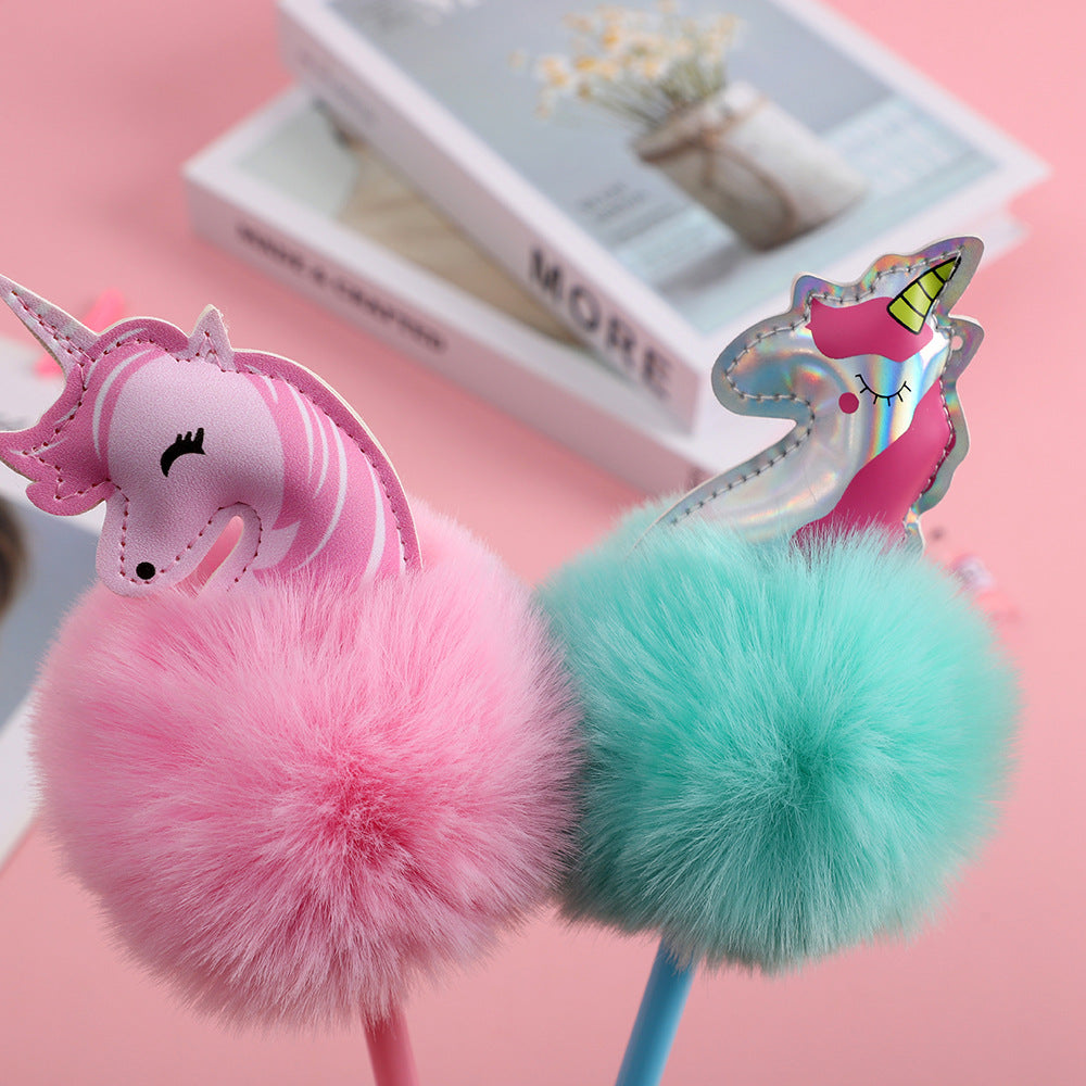 Wholesale Plastic Color Fur Ball Unicorn Ballpoint Pen