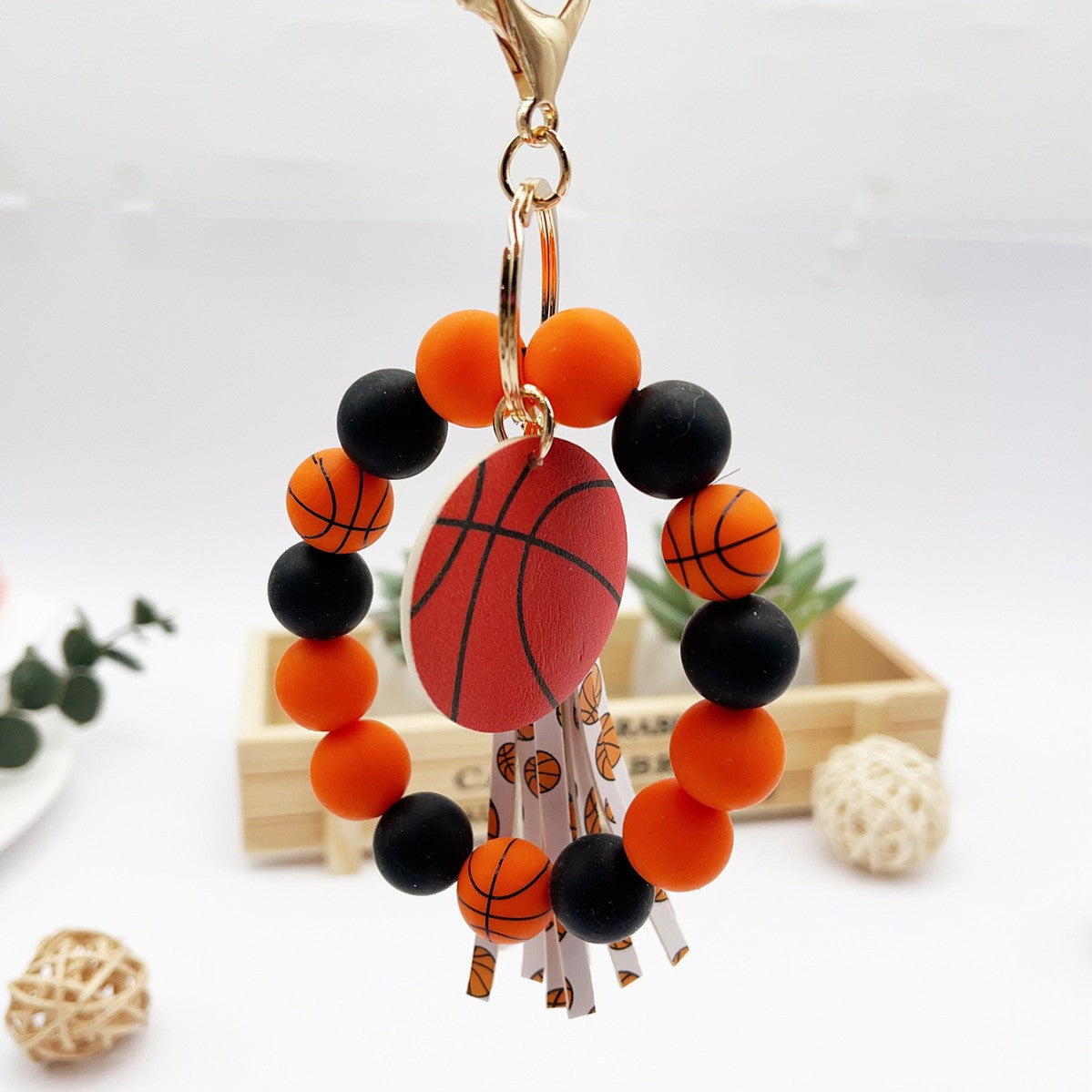 Wholesale Silicone Beaded Tassel Charm Bracelet Keychain Wood Beads Ball Pendant